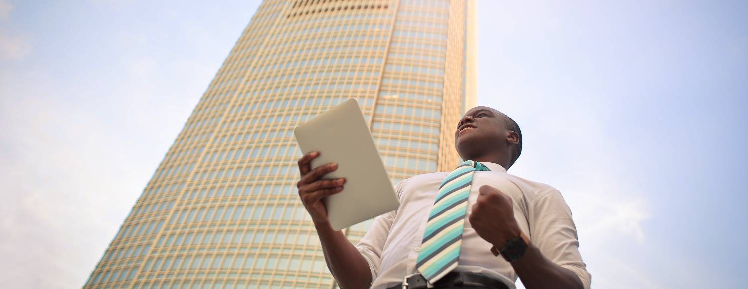 person outside an office building