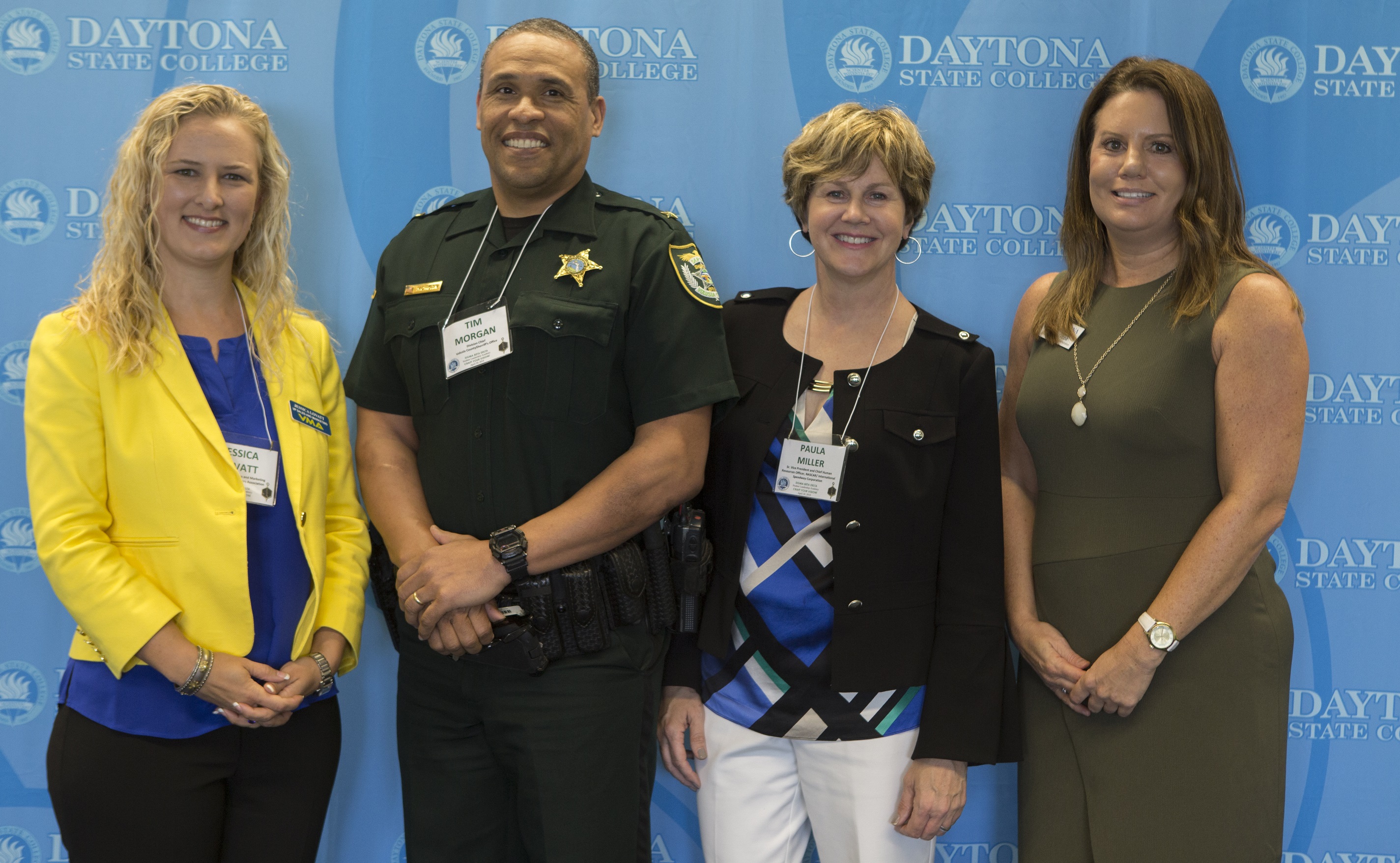 Left to right, Jessica Lovatt/VMA, Tim Morgan/Volusia County Sheriff’s Office, Paula Miller/NASCAR, International Speedway Corp., Kim Grippa/DSC School of Business Administration